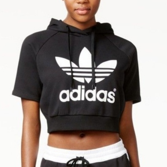 Black Adidas Short Sleeve Crop Hoodie 